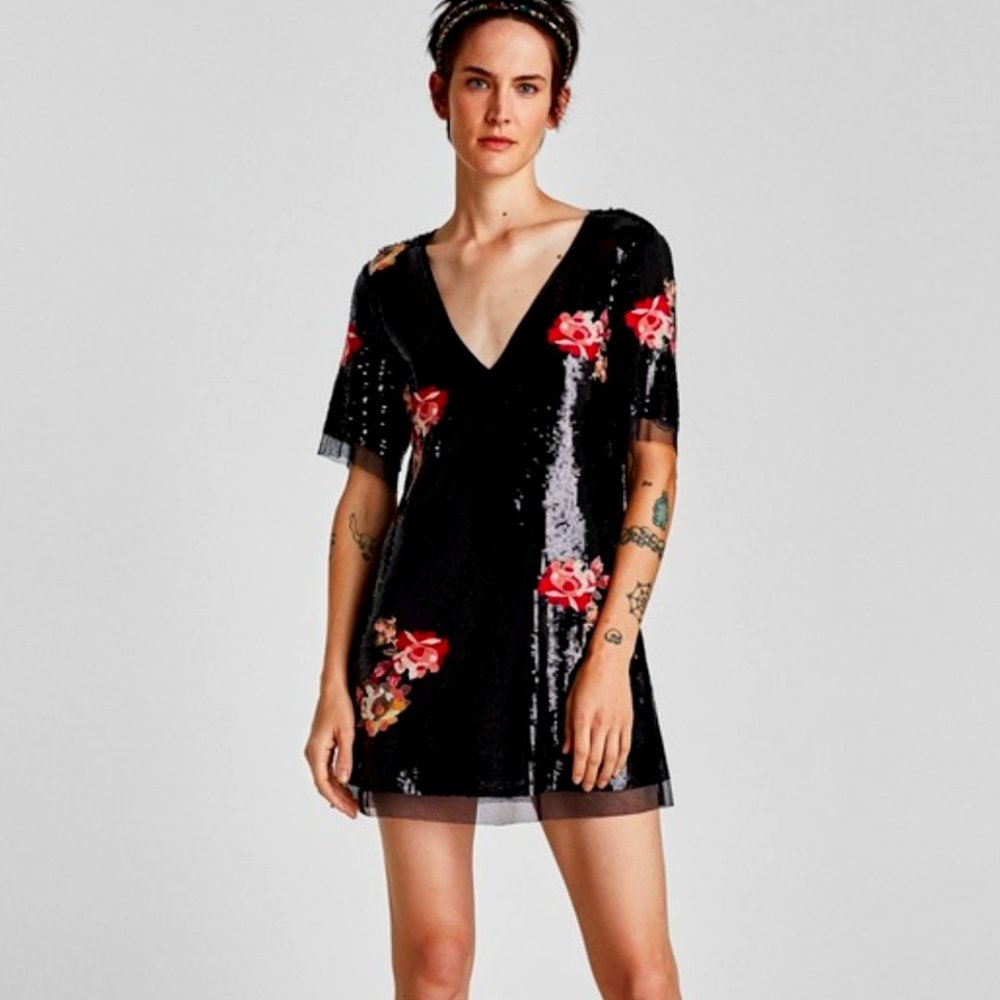 Zara black sequin mini dress with contrasting flower embroidery, Size M